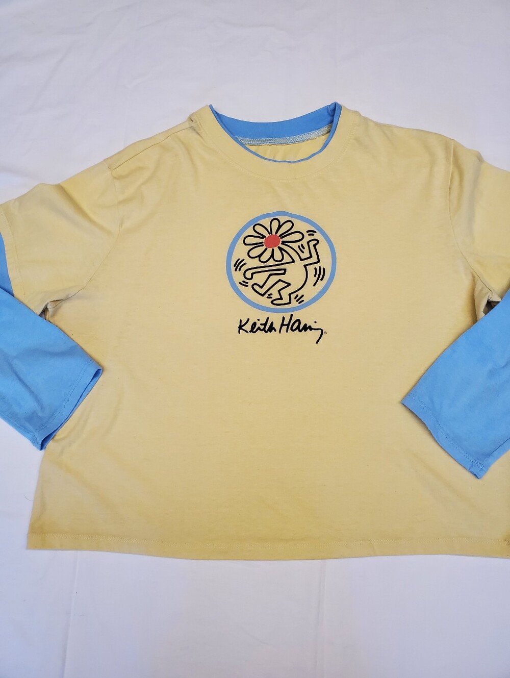 Keith Haring Flower Head Dancing Figure Cropped Long Sleeve Tee Yellow Blue XL